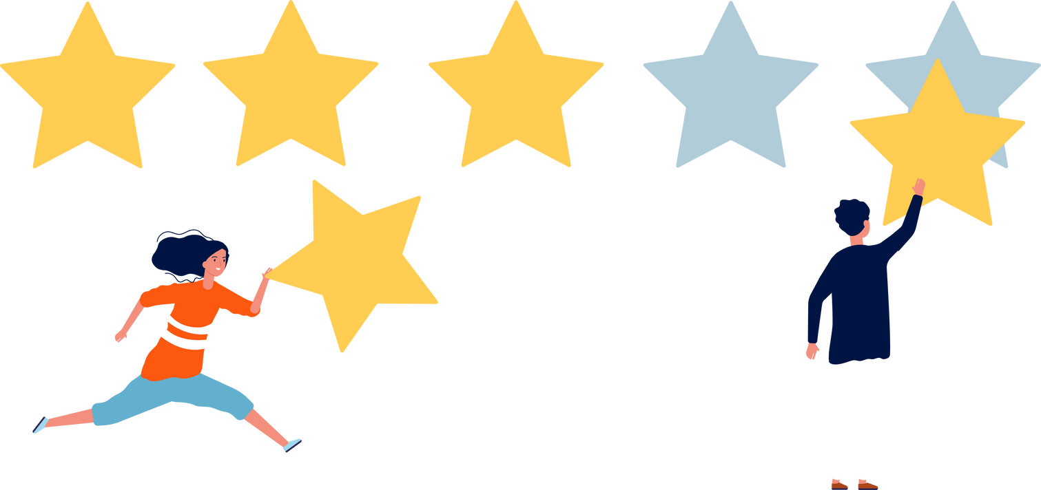 five stars rating woman man with star reviews marketing